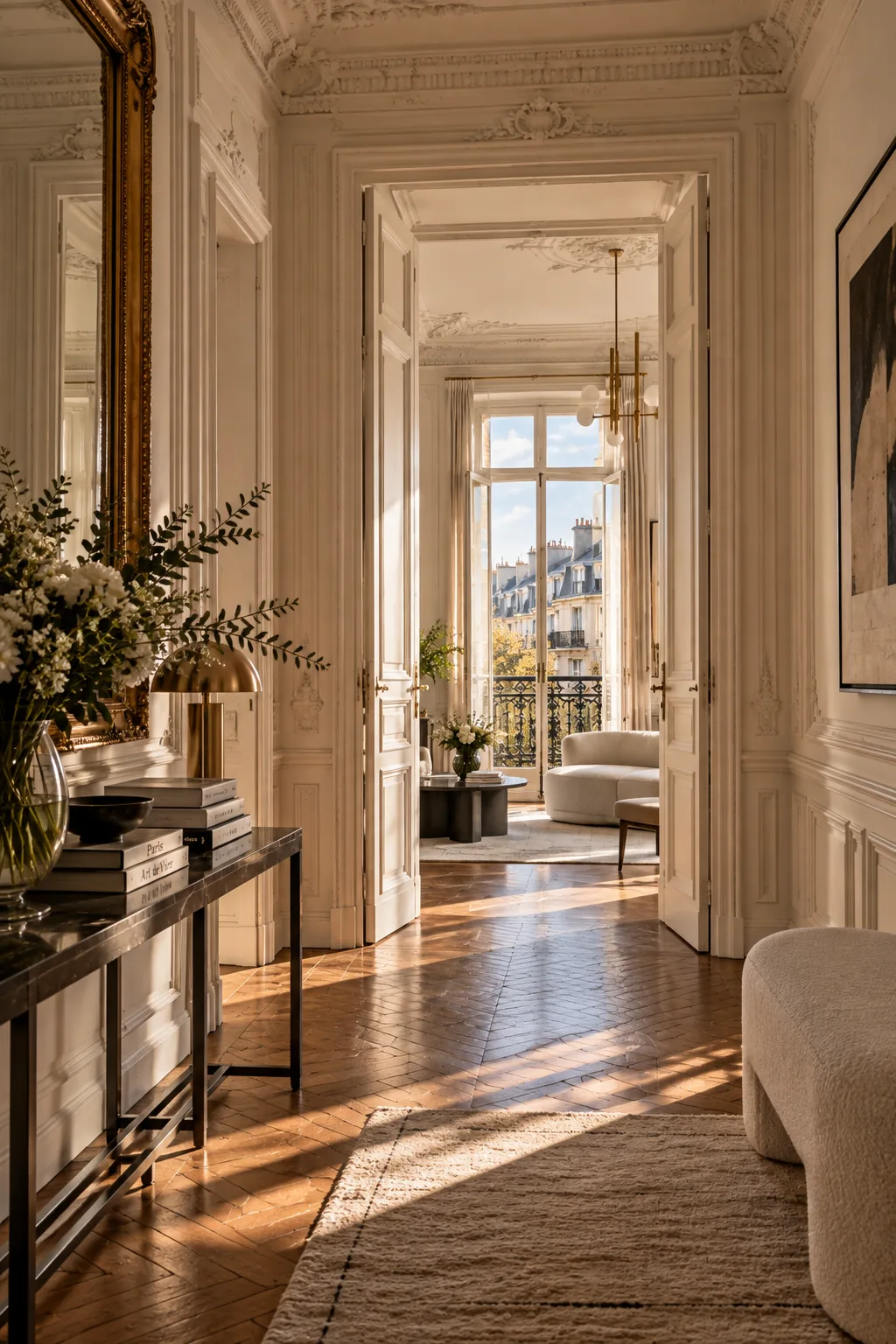Couloir en enfilade d’un appartement parisien, jusqu’aux fenêtres