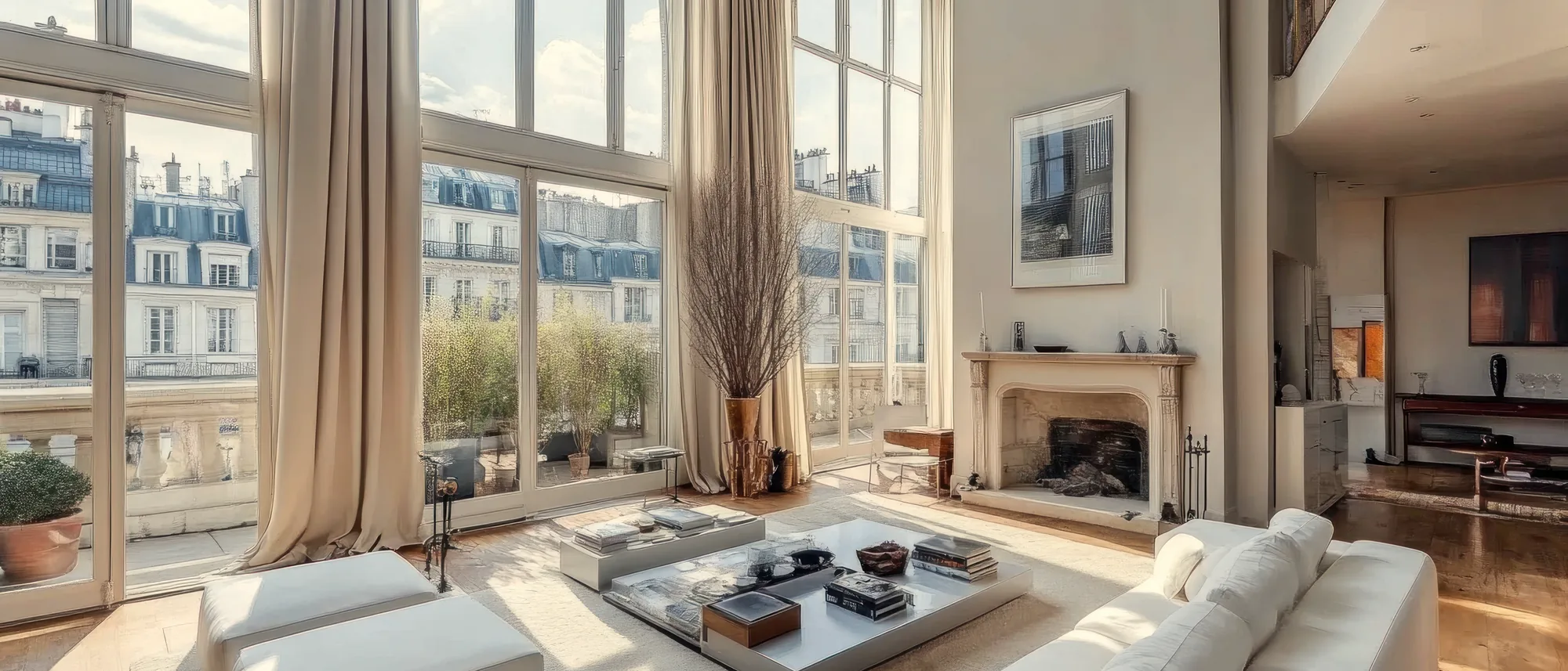 Séjour en duplex aux grandes baies vitrées, ouvert sur les toits de Paris