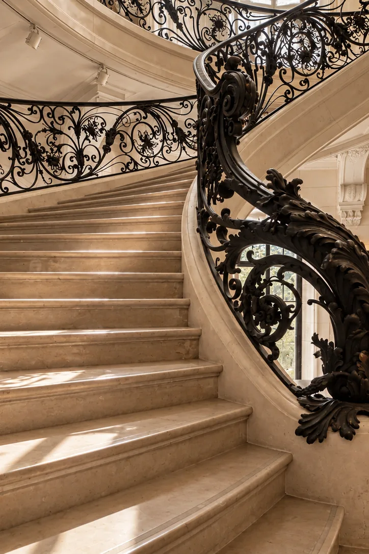 Escalier d’honneur en pierre et rampe en fer forgé ouvragé