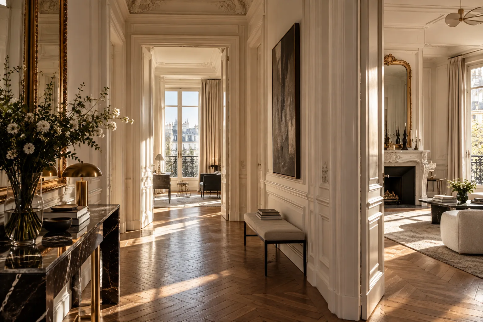 Galerie en enfilade dans un appartement haussmannien à Paris
