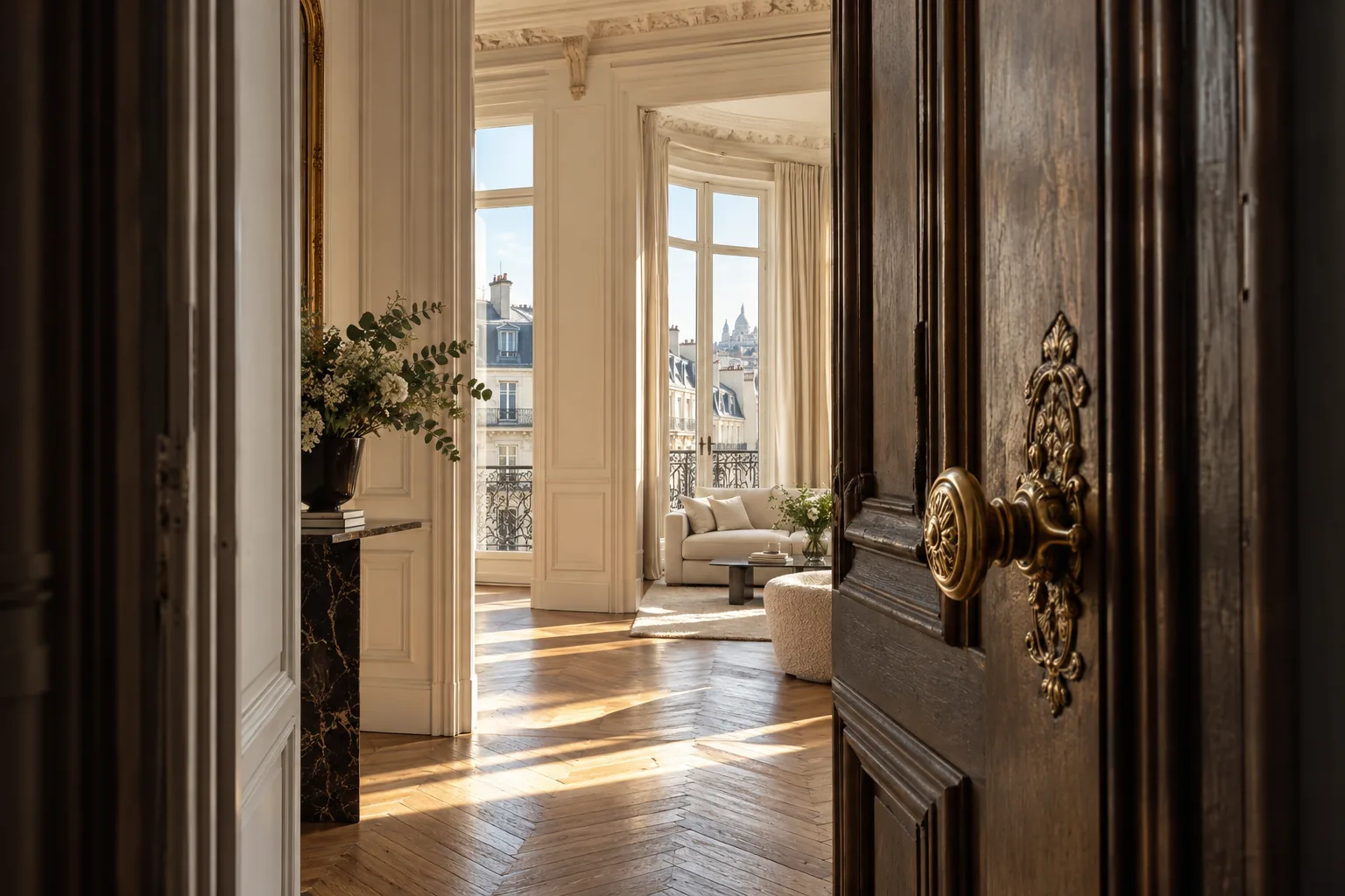 Porte entrouverte sur un salon parisien baigné de lumière