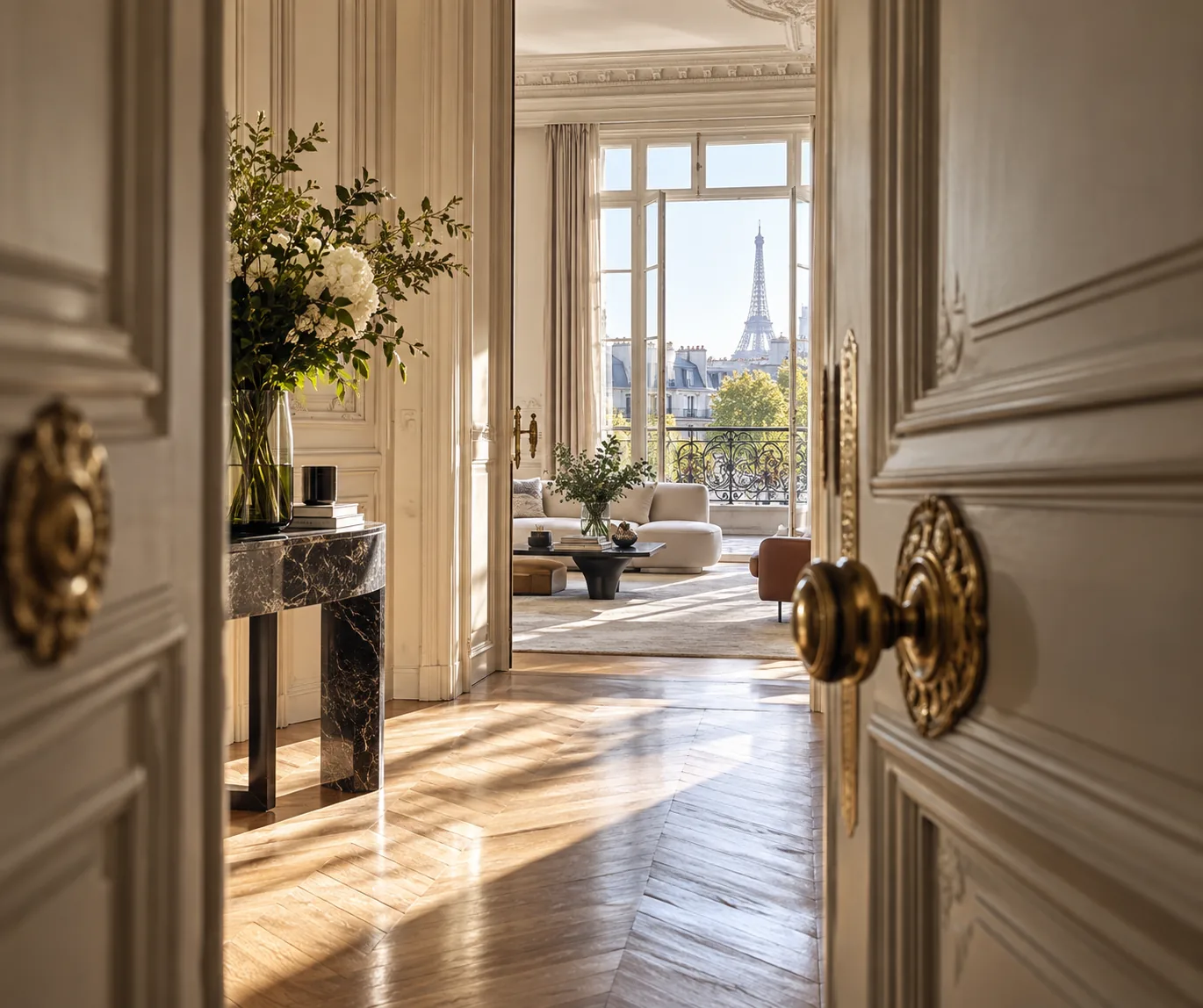 Porte ouverte sur un séjour haussmannien lumineux, vue sur la tour Eiffel