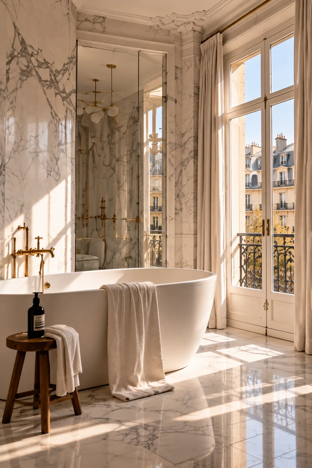 Salle de bains en marbre, baignoire îlot et fenêtres sur les toits de Paris