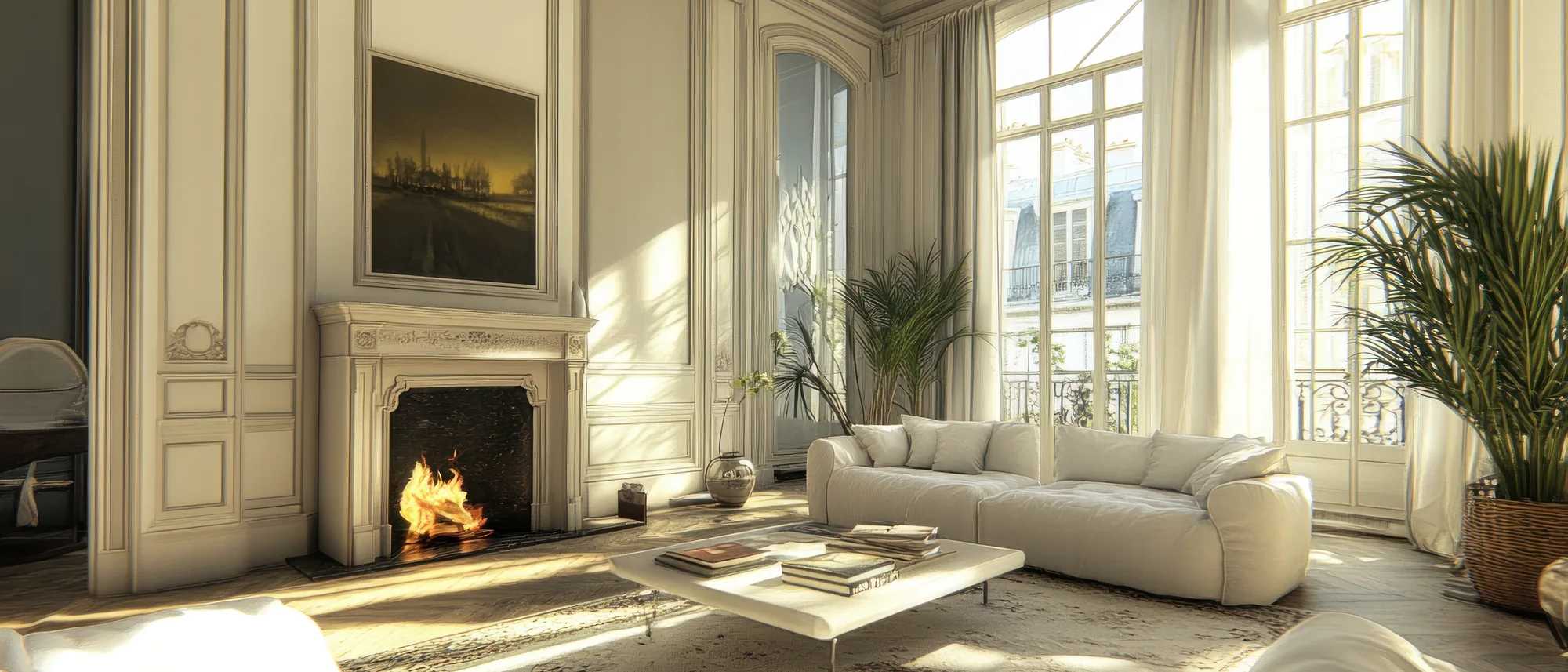 Salon haussmannien lumineux, cheminée allumée et hautes fenêtres